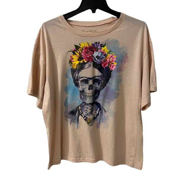 Frida Kahlo Pastel Peach Skull Graphic T Shirt Size Large - Picture 3 of 6